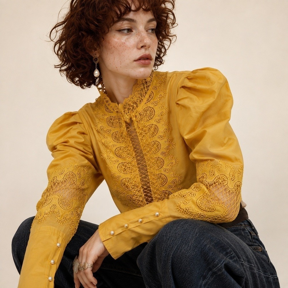 JJ's Fairyland Mustard Yellow Lace Puff Sleeve Blouse Victorian Whimsygoth L